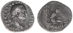 AR Denarius (Rome AD 70, 3.11g) - IMP CAESAR VESPASIANVS AVG Laureate head right / IVDAEA Judaea, veiled, hands tied behind back, seated right on grou...