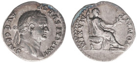 AR Denarius (Rome AD 73, 2.97g) - IMP CAES VESP AVG CENS Laureate head right / PONTIF MAXIM Emperor seated to right on curule chair, holding sceptre a...