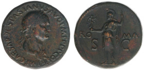 AE Sestertius (Rome AD 71, 27.05g) - Laureate head right wearing aegis / Roma standing left wearing Victoria statuette and spear (RO-MA in fields left...