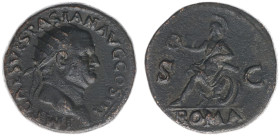 AE Dupondius (Rome AD 71, 13.89g) - IMP CAES VESPASIAN AVG COS III Radiate head right / ROMA Roma seated left on cuirass, holding wreath and parazoniu...