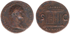 AE As (Rome AD 85, 11.27g) - IMP CAES DOMIT AVG GERM COS XI CENS POT P P Laureate head right / SALVTI AVGVSTI The Altar of Salus Augusti, with four co...