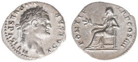 AR Denarius (Rome AD 75, 3.30g) - T CAESAR IMP VESPASIAN Laureate head right / PONTIF TR P COS IIII Pax seated left, holding branch (RIC 185) - a.XF, ...