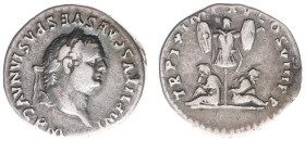 AR Denarius (Rome AD 79, 3.41g) - IMP TITVS CAES VESPASIAN AVG PM Laureate head right / TR P IX IMP XV COS VIII P P Trophy flanked by seated captives,...