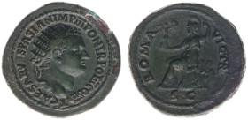 AE Dupondius (Rome AD 72, 14.12g) - T CAESAR VESPASIAN IMP III PON TR POT II COS II radiate head right / ROMA VICTR(IX) Roma seated to left on cuirass...