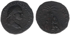 AE As (Lugdunum AD 77-78, 9.20g) - T CAES IMP AVG F TR P COS VI CENSOR Laureate head right / IVDAEA CAPTA Mourning Iudaea seated on cuirass, palm tree...