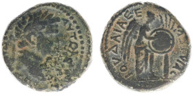 AE (Caesarea Maritima AD 71-73, 8.24g) - 'Judaea Capta' issue - Laureate head of Titus right / Victoria standing right on helmet, inscribing shield on...