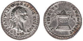 AR Denarius (Rome AD 80-81, 3.43g) - CAESAR DIVI F DOMITIANVS COS VII Laureate and bearded head right / PRINCEPS IVVENTVTIS Garlanded and lighted alta...