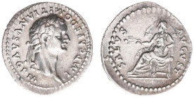 AR Denarius (Rome AD 82-83, 3.51g) - IMP CAES DOMITIANVS AVG P M Laureate head right / SALVS AVGVST Salus seated left, holding poppy and grain ears (R...