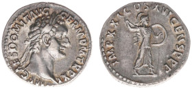 AR Denarius (Rome AD 92, 3.60g) - IMP CAES DOMIT AVG GERM P M TR P XI Laureate head right / IMP XXI COS XVI CENS P P P Minerva advancing right, brandi...