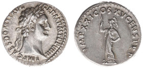 AR Denarius (Rome AD 90-91, 3.46g) - IMP CAES DOMIT AVG GERM P M TR P VIIII Laureate head right / IMP XXI COS XV CENS P P P Minerva standing facing, h...