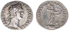 AR Denarius (Rome AD 90, 3.47g) - IMP CAES DOMIT AVG GERM P M TR P X Laureate head right / IMP XXI COS XV CENS P P P Minerva standing right on capital...