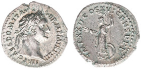 AR Denarius (Rome AD 92-93, 3.28g) - IMP CAES DOMIT AVG GERM P M TRP XII Laureate head right / IMP XXII COS XVI CENS P P P Minerva standing left on ga...