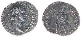 AR Quinarius (Rome AD 88, 1.48g) - Laureate head right / COS XIIII LVD SAEC FEC Herald, wearing feathered cap, advancing left, holding wand and shield...