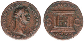 AE As (Rome AD 85, 10.83g) - IMP CAES DOMITIAN AVG GERM COS XI Laureate bust right, wearing aegis / SALVTI above, AVGVSTI below, altar, doors with han...