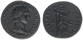 AE As (Rome AD 87, 9.62g) - IMP CAES DOMIT AVG GERM COS XIII CENS PER P P Laureate head right / VIRTVTI AVGVSTI Virtus standing to right, foot on helm...