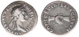 AR Denarius (Rome, 3.34g) - IMP NERVA CAES AVG P M TR P COS II P P Laureate head right / CONCORDIA EXERCITVVM Clasped hands (RIC 2) - VF