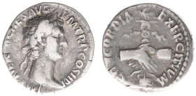 AR Denarius (Rome AD 96, 3.37g) - IMP NERVA CAES AVG P M TR P COS II P P Laureate head right / CONCORDIA EXERCITVVM Clasped hands holding legionary ea...