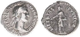 AR Denarius (Rome AD 97, 3.42g) - IMP NERVA CAES AVG P M TR P COS II PP Laureate bust right / LIBERTAS PVBLICA Libertas standing left, holding pileus ...