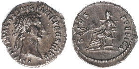 AR Denarius (Rome AD 97, 3.30g) - IMP NERVA CAES AVG P M TR P COS III P P Laureate head right / SALVS PVBLICA Salus seated left, holding corn ears (RI...