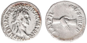 AR Denarius (Rome AD 98, 2.94g) - IMP NERVA CAES AVG GERM P M TRP II Laureate head right / IMP II COS IIII PP Clasped hands (RIC 48 / RSC 96) - VF, ra...