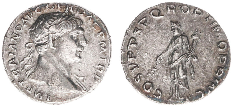 AR Denarius (Rome AD 108-109, 3.09g) - IMP TRAIANO AVG GER DAC P M TR P Laureate...