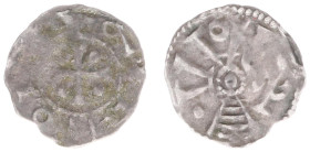 Graafschap Vlaanderen - Abdij van Ename? - Denarius ND (ca. 1120)(Ilisch 15.9 / Dbg 1457 / Vanhoudt G2343) – 0.47 gram – Obv. Hybrid Coloniagram, cros...