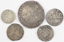 Dutch Provincial in boxes - Small box with Patagon 1625, Rijderschellingen (3) and Duit 1702 - Total 5 pcs.