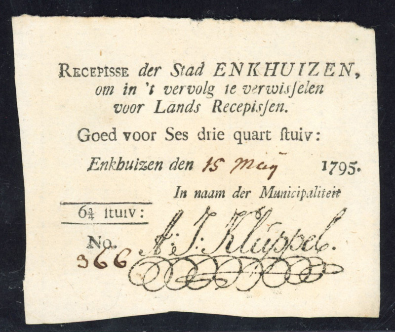 Banknotes Netherlands - Assignaten - Enkhuizen, Stedelijk recepis van 6¾ stuiver...