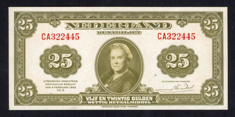 Banknotes Netherlands - 25 Gulden 1943 II Muntbiljet Wilhelmina (Mev. 79-1 / AV ...