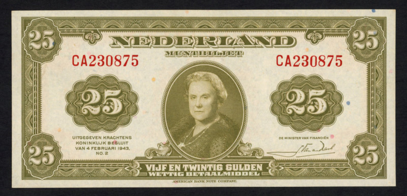 Banknotes Netherlands - 25 Gulden 1943 II Muntbiljet Wilhelmina (Mev. 79-1 / AV ...