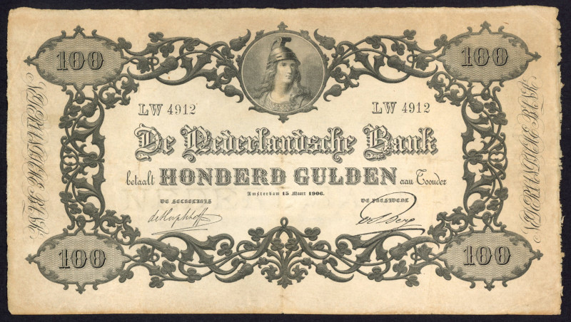 Banknotes Netherlands - 100 Gulden 1860 type Reliëfrand, dated 15 maart 1906 (Me...