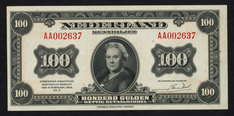 Banknotes Netherlands - 100 Gulden 1943 Muntbiljet Wilhelmina (Mev. 118-1 / AV 8...