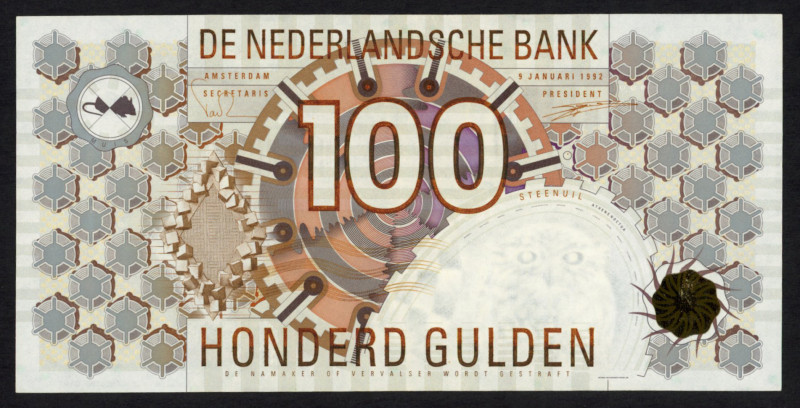 Banknotes Netherlands - 100 Gulden 9.1.1992 Steenuil (Mev. 124-1b / AV 88.1d / P...