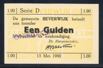 Banknotes Netherlands - Noodgeld - Beverwijk - Emergency money WW II - 1 Gulden 15 mei 1940 serie D (T/J 14.01 / PL220.1) - Obv. text with sign. mayor...