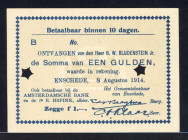 Banknotes Netherlands - Noodgeld - Enschede - Emergency money WW I - 1 Gulden 8 augustus 1914 - Serie B - (V. 12 / PL395.5 or 7) - Obv. Betaalbaar bin...