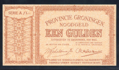 Banknotes Netherlands - Noodgeld - Groningen - Emergency money WW II - 1 Gulden mei 1940 Serie A and wmk. (T/J 48.01 / PL475.1) - Obv. Text sign.+ Que...