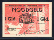 Banknotes Netherlands - Noodgeld - Hattem - Emergency money WW II - 1 Gulden 13 mei 1940 (T/J 52.05 / PL506.4) - Obv. Red + arms of Hattem and sign. m...