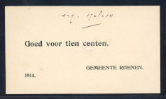 Banknotes Netherlands - Noodgeld - Rhenen - Emergency money WW I - 10 Cent 1914 (V. 25.2 / PL800.2) - Obv. Text and handwritten 'ing. 17.8.14' / Rev B...