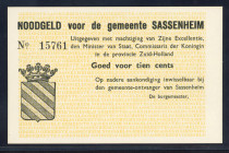 Banknotes Netherlands - Noodgeld - Sassenheim - Emergency money WW II - 10 Cents 1940 serie no. 15761 (T/J 117.01 / PL850.1) - Obv. Text with arms Sas...