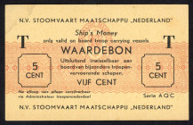 Banknotes Netherlands - Scheepsgeld - NV Stoomvaart Maatschappij Nederland - 5 Cent ND (ca. 1947) T - serie AQC (PL1605.1.a) geldig op bijzonder troep...