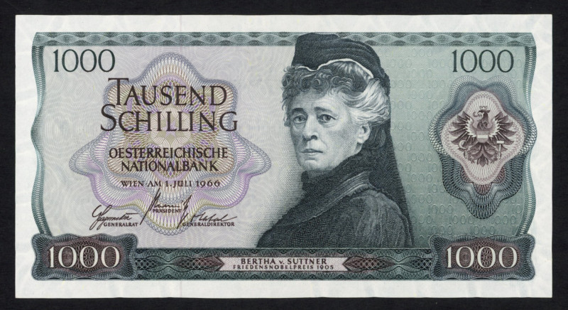 World Banknotes - Austria - 1000 Schilling 1.7.1966 Bertha v. Suttner at center ...