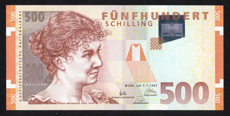 World Banknotes - Austria - 500 Shillings 1.1.1997 Rosa Mayreder (P. 154) - UNC