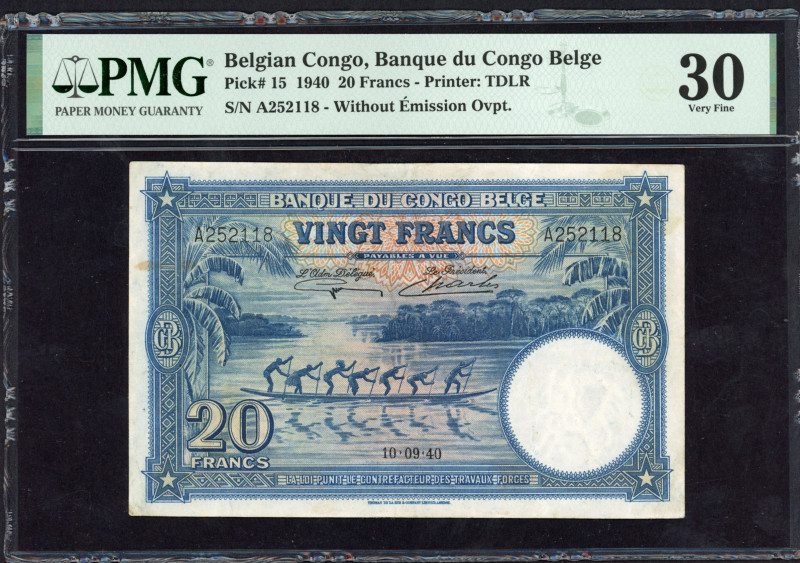 World Banknotes - Belgian Congo - 20 Francs 10.9.1940 Longboat with 7 men / Work...