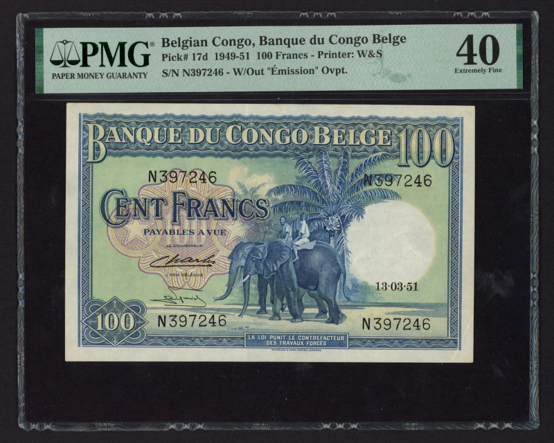 World Banknotes - Belgian Congo - 100 Francs 13.03.1951 Elephant (P. 17d) - PMG ...