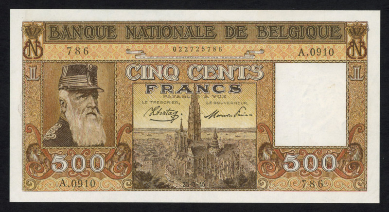 World Banknotes - Belgium - 500 Francs 1945 Portrait King Leopold II (P. 127a) -...