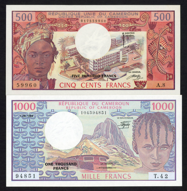 World Banknotes - Cameroun - 500 Francs ND (1974) + 1000 Francs 1.6.1984 (P. 15a...