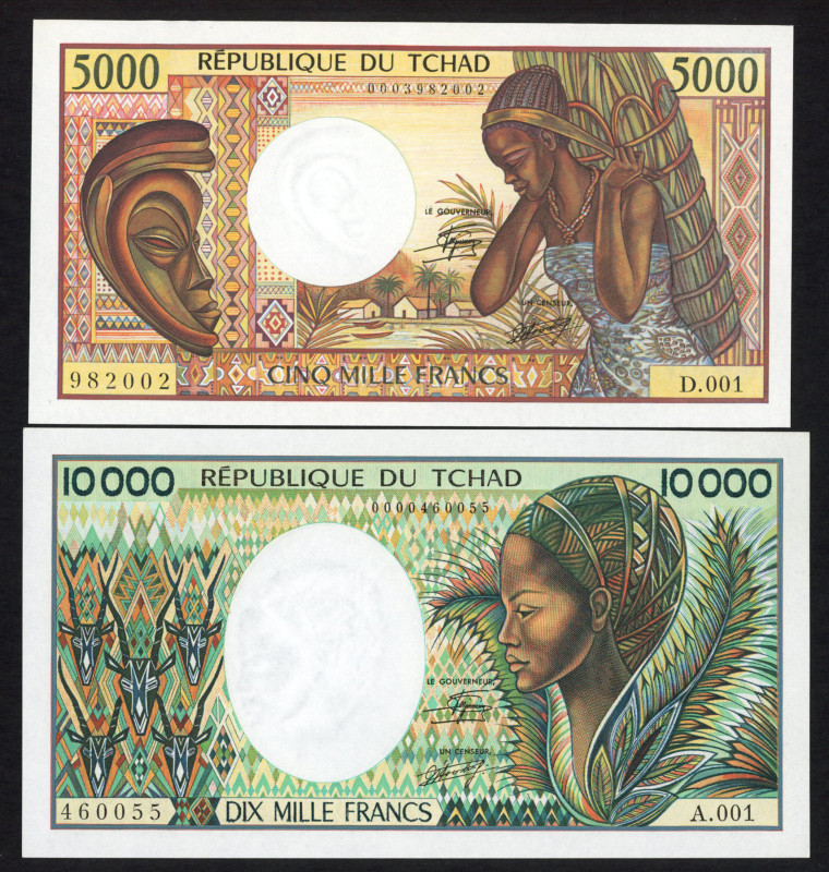 World Banknotes - Chad - 5000 + 10.000 Francs ND (1985-92) Woman at right, sign....