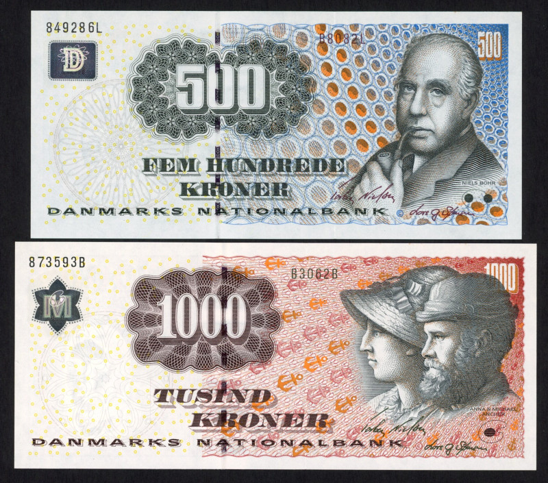 World Banknotes - Denmark - 500 + 1000 Kroner (20)08 + (20)06 Niels Bohr / Anna ...