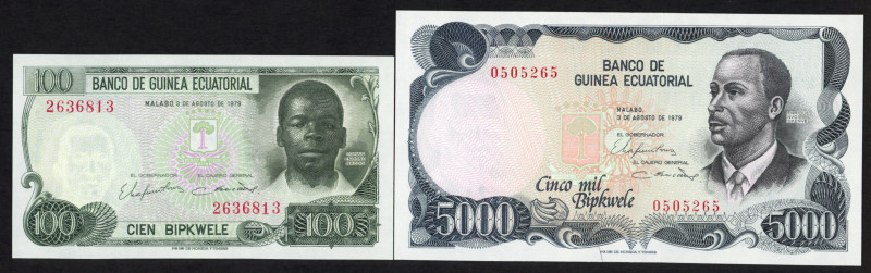 World Banknotes - Equatorial Guinea - 100 + 5000 Bipkwele 3.8.1979 Thomas Engono...