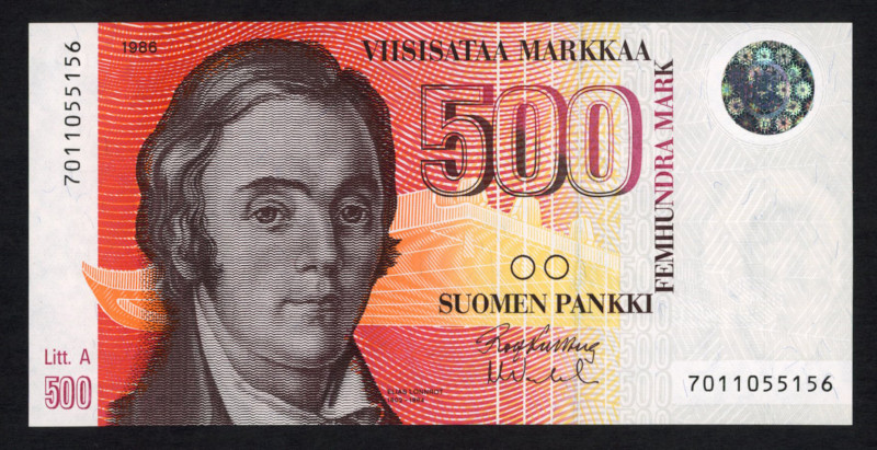 World Banknotes - Finland - 500 Markkaa 1986 (1991) Elias Lönnrot at left (P. 12...